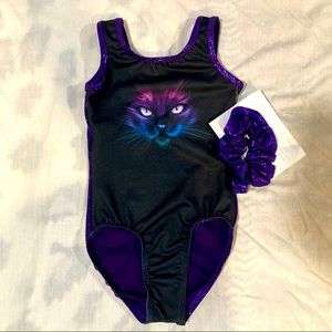 Black and purple colorful cat gymnastics leotard. Brand new never used.